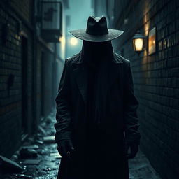A shadowy figure known as the mystery killer, cloaked in a long, tattered black coat, standing in a dimly lit alleyway
