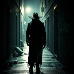 A shadowy figure known as the mystery killer, cloaked in a long, tattered black coat, standing in a dimly lit alleyway
