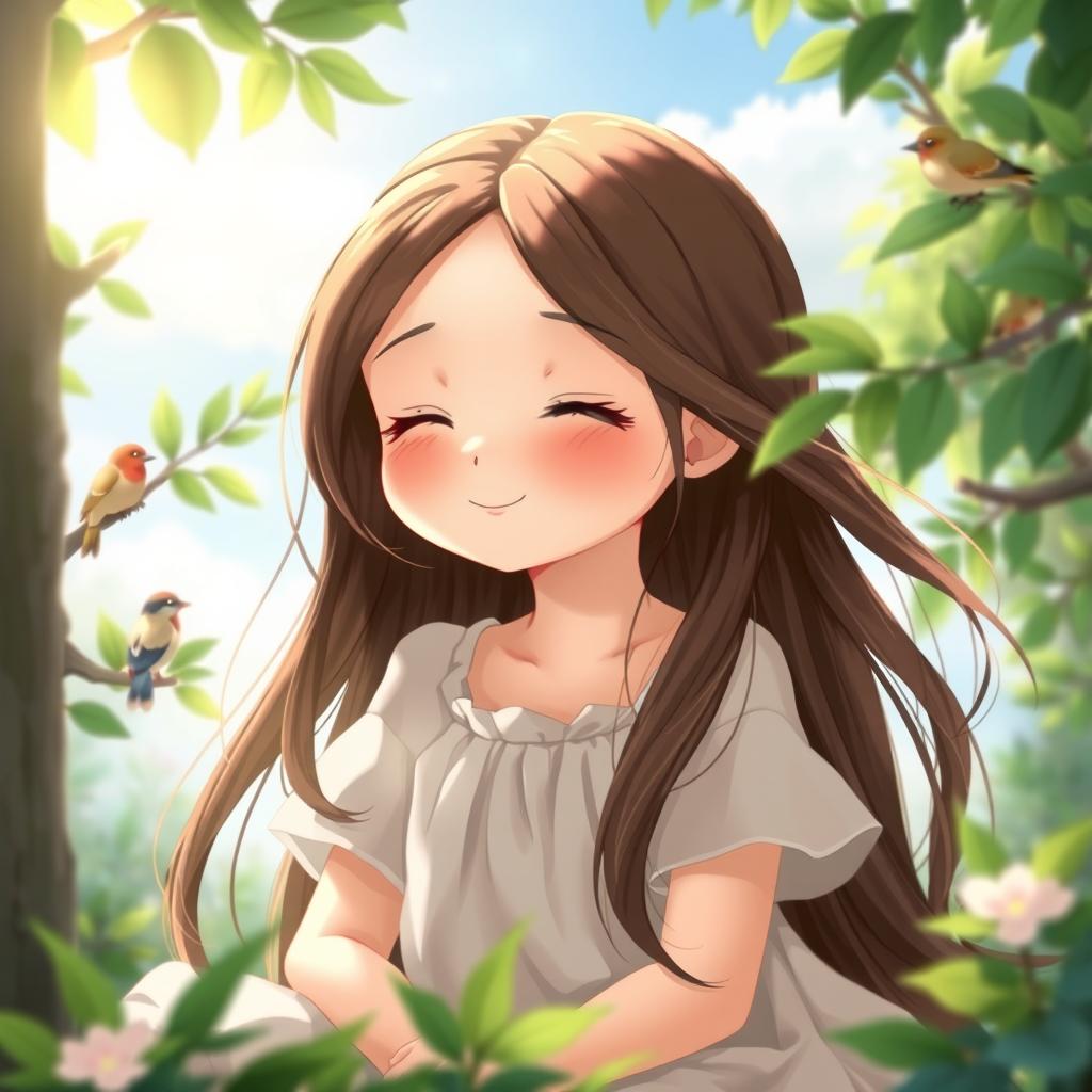 A serene portrait of a girl with a peaceful expression, sitting in a tranquil natural setting, surrounded by lush greenery and soft sunlight filtering through the leaves