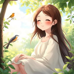 A serene portrait of a girl with a peaceful expression, sitting in a tranquil natural setting, surrounded by lush greenery and soft sunlight filtering through the leaves