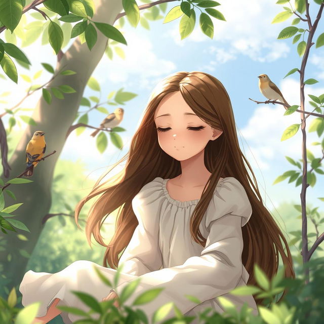 A serene portrait of a girl with a peaceful expression, sitting in a tranquil natural setting, surrounded by lush greenery and soft sunlight filtering through the leaves