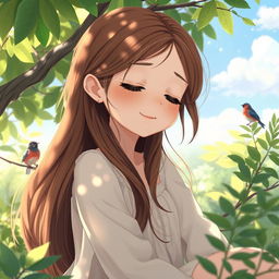 A serene portrait of a girl with a peaceful expression, sitting in a tranquil natural setting, surrounded by lush greenery and soft sunlight filtering through the leaves