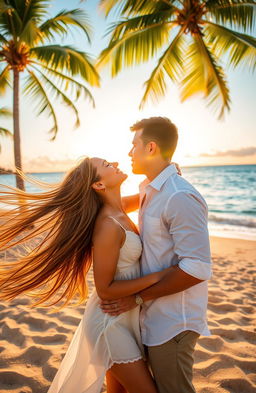 A young woman with flowing long hair, wearing a light, airy sundress, leaning in to kiss a handsome man