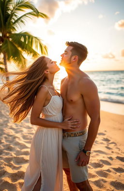 A young woman with flowing long hair, wearing a light, airy sundress, leaning in to kiss a handsome man