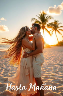 A young woman with flowing long hair, wearing a light, airy sundress, leaning in to kiss a handsome man