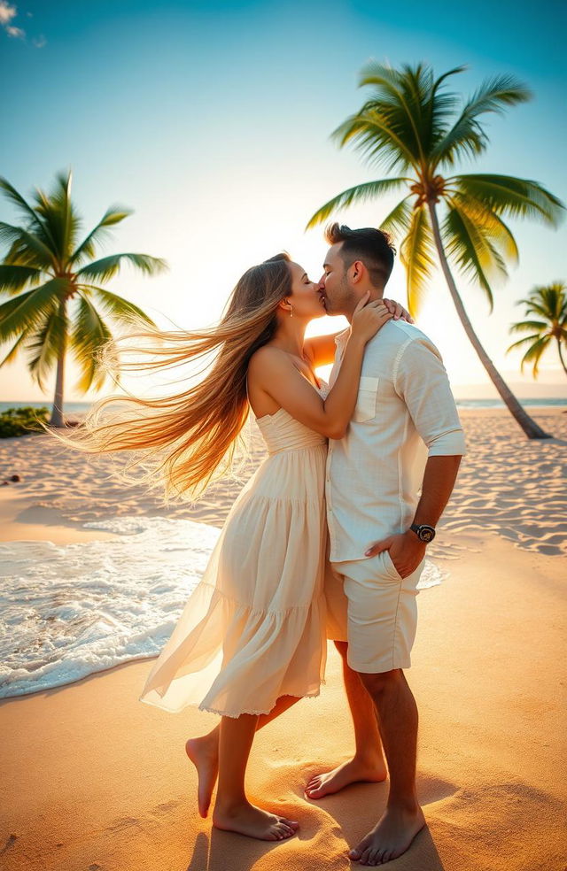 A young woman with flowing long hair, wearing a light, airy sundress, leaning in to kiss a handsome man