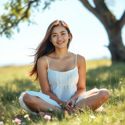 A serene and calm young woman with a gentle smile