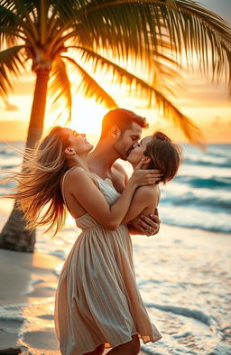 A romantic and erotic scene capturing a young woman passionately kissing a man on a beautiful summer vacation