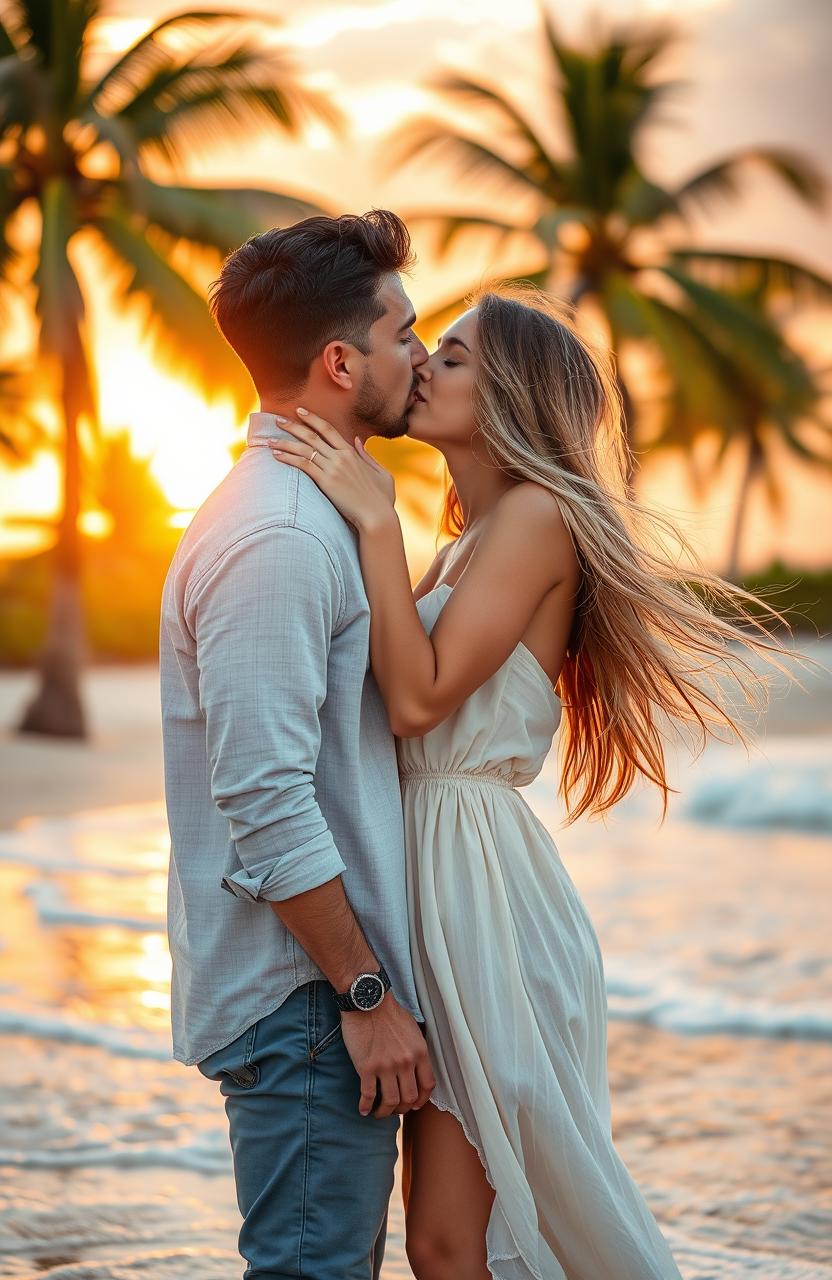 A romantic and erotic scene capturing a young woman passionately kissing a man on a beautiful summer vacation