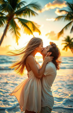 A romantic and erotic scene capturing a young woman passionately kissing a man on a beautiful summer vacation