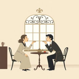 A minimalist artistic interpretation of a scene inspired by 'Woe from Wit' featuring two characters in a classic Russian setting, engaged in a witty argument