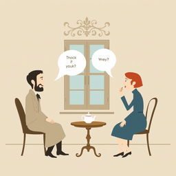 A minimalist artistic interpretation of a scene inspired by 'Woe from Wit' featuring two characters in a classic Russian setting, engaged in a witty argument