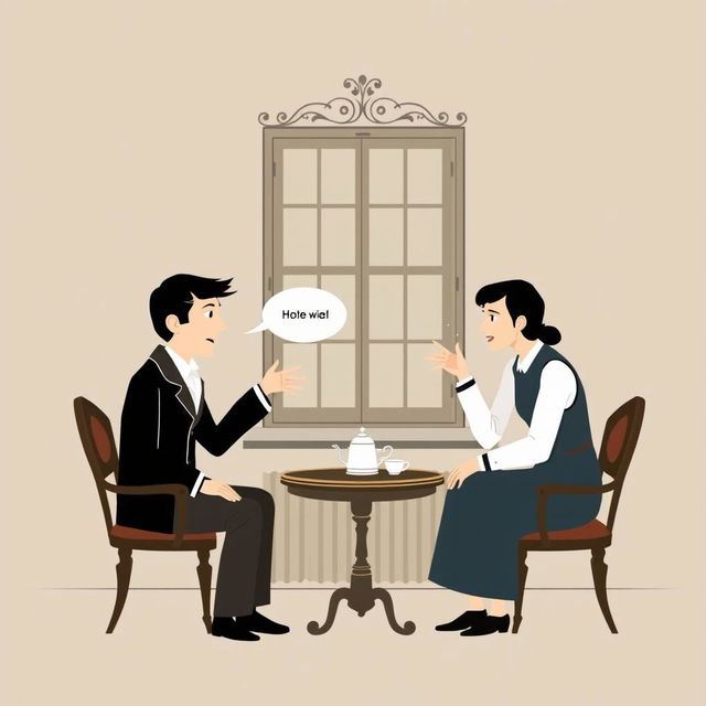 A minimalist artistic interpretation of a scene inspired by 'Woe from Wit' featuring two characters in a classic Russian setting, engaged in a witty argument