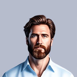 Digital portrait of a man named Jeff with warm brown eyes, chestnut hair, a well-groomed beard, wearing a white shirt against a soft blue background