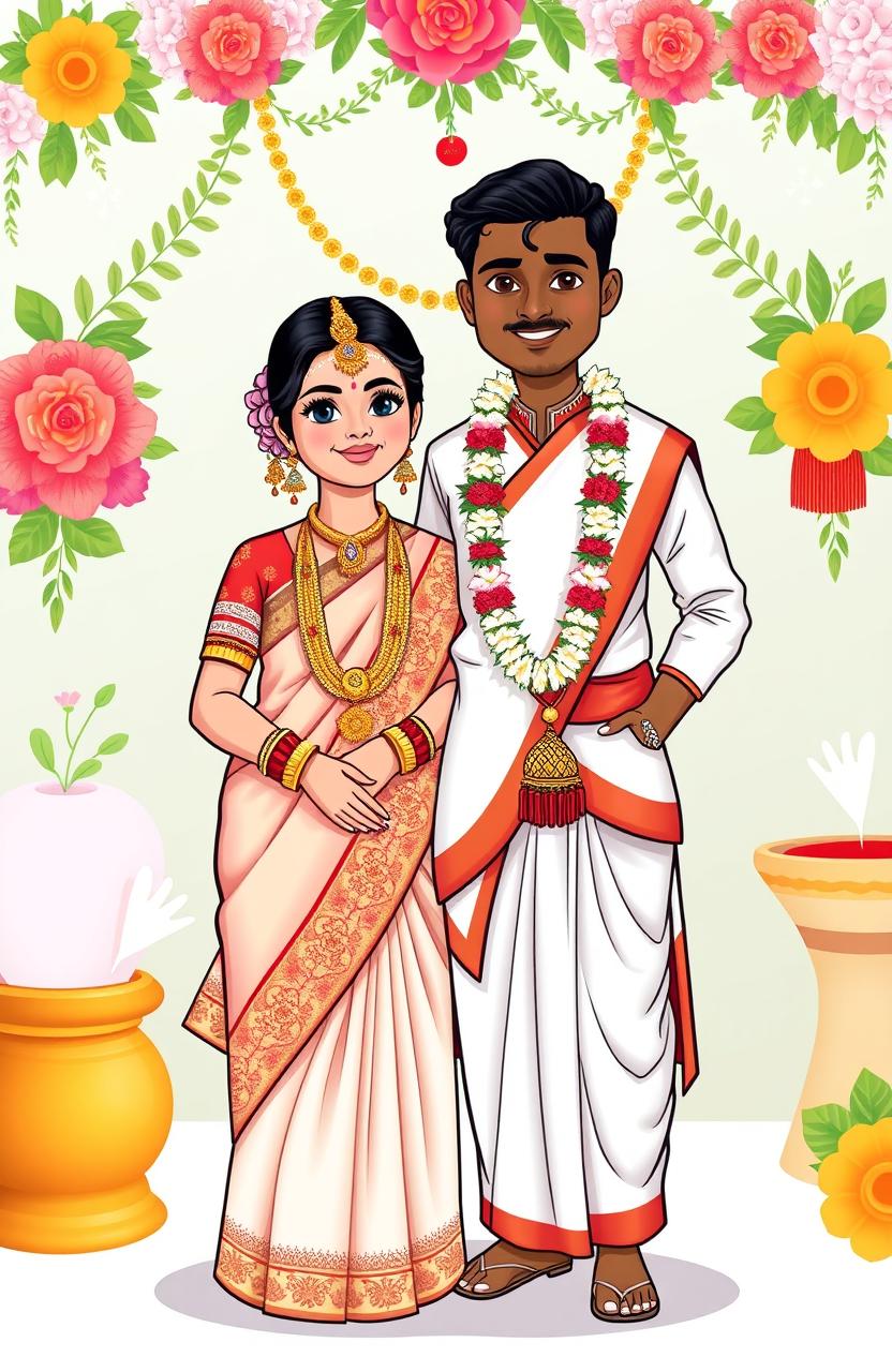 A colorful clipart illustration featuring a Bengali bride in traditional attire, adorned with red and white bridal saree embellished with intricate designs, gold jewelry, and a beautiful flower garland in her hair