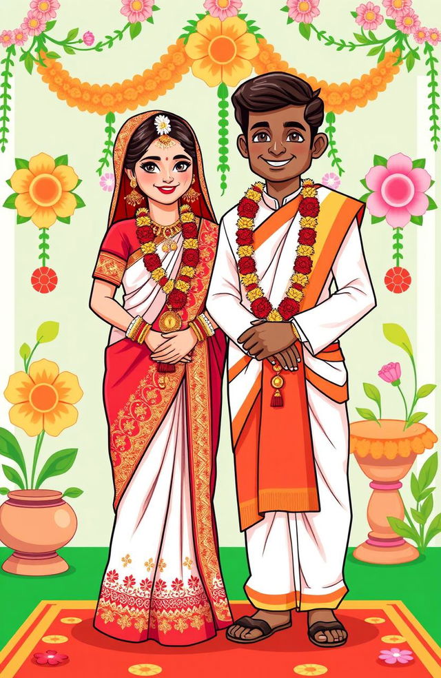 A colorful clipart illustration featuring a Bengali bride in traditional attire, adorned with red and white bridal saree embellished with intricate designs, gold jewelry, and a beautiful flower garland in her hair