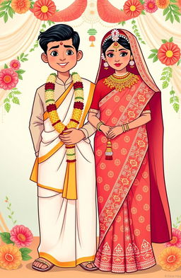 A colorful clipart illustration featuring a Bengali bride in traditional attire, adorned with red and white bridal saree embellished with intricate designs, gold jewelry, and a beautiful flower garland in her hair