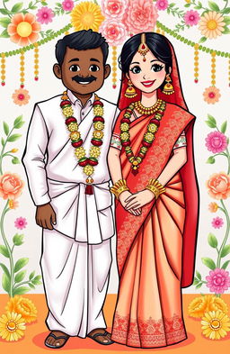 A colorful clipart illustration featuring a Bengali bride in traditional attire, adorned with red and white bridal saree embellished with intricate designs, gold jewelry, and a beautiful flower garland in her hair
