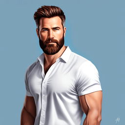 Digital portrait of a man named Jeff with warm brown eyes, chestnut hair, a well-groomed beard, wearing a white shirt against a soft blue background