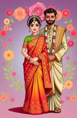 A vibrant and detailed clipart illustration showcasing a Bengali bride adorned in traditional bridal attire, featuring a richly embroidered red and gold saree and traditional Bengali wedding headgear such as a 'shankha pola' and ornate jewelry