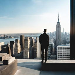 A man confidently standing on the rooftop of a skyscraper in New York, overlooking the breathtaking cityscape beneath him.