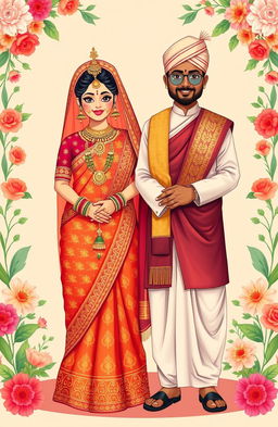 A vibrant and detailed clipart illustration showcasing a Bengali bride adorned in traditional bridal attire, featuring a richly embroidered red and gold saree and traditional Bengali wedding headgear such as a 'shankha pola' and ornate jewelry