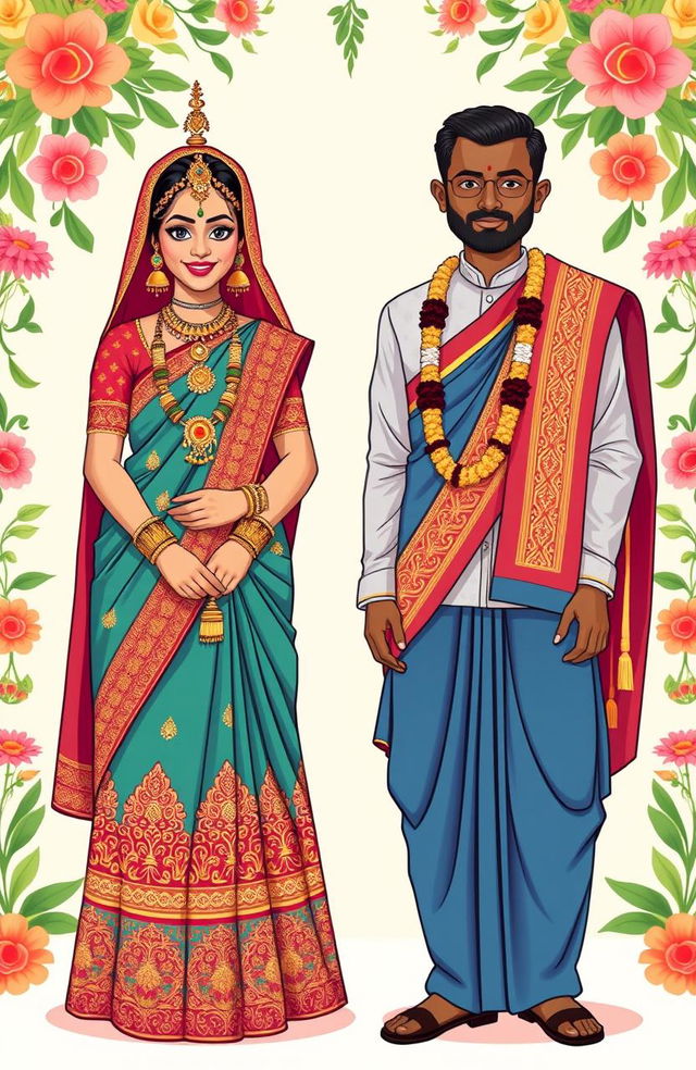 A vibrant and detailed clipart illustration showcasing a Bengali bride adorned in traditional bridal attire, featuring a richly embroidered red and gold saree and traditional Bengali wedding headgear such as a 'shankha pola' and ornate jewelry