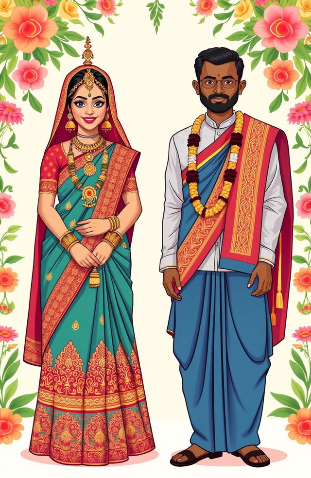 A vibrant and detailed clipart illustration showcasing a Bengali bride adorned in traditional bridal attire, featuring a richly embroidered red and gold saree and traditional Bengali wedding headgear such as a 'shankha pola' and ornate jewelry