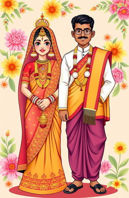 A vibrant and detailed clipart illustration showcasing a Bengali bride adorned in traditional bridal attire, featuring a richly embroidered red and gold saree and traditional Bengali wedding headgear such as a 'shankha pola' and ornate jewelry