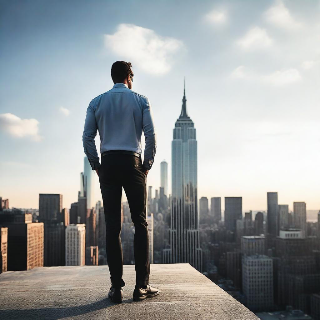 A man confidently standing on the rooftop of a skyscraper in New York, overlooking the breathtaking cityscape beneath him.