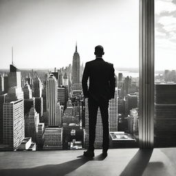 A man confidently standing on the rooftop of a skyscraper in New York, overlooking the breathtaking cityscape beneath him.