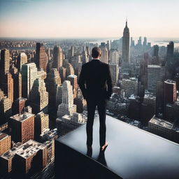 A man confidently standing on the rooftop of a skyscraper in New York, overlooking the breathtaking cityscape beneath him.