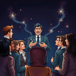 An illustrated artwork centered around a charismatic figure engaging in a persuasive conversation with several attentive listeners