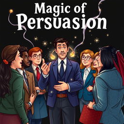 An illustrated artwork centered around a charismatic figure engaging in a persuasive conversation with several attentive listeners