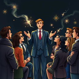 An illustrated artwork centered around a charismatic figure engaging in a persuasive conversation with several attentive listeners