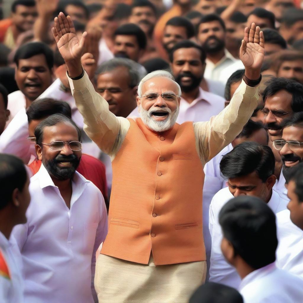 A jubilant Narendra Modi with a wide triumphant smile, celebrating his victorious moment after winning the elections, amidst a crowd of supporters