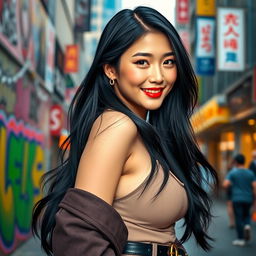 A beautiful Korean girl with large breasts, dressed in a stylish and trendy outfit that accentuates her figure