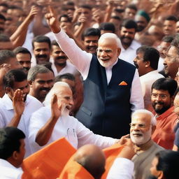 A jubilant Narendra Modi with a wide triumphant smile, celebrating his victorious moment after winning the elections, amidst a crowd of supporters