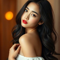 A sensual portrait of a beautiful Korean girl with striking features, alluring curves, and long flowing hair