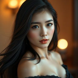 A sensual portrait of a beautiful Korean girl with striking features, alluring curves, and long flowing hair