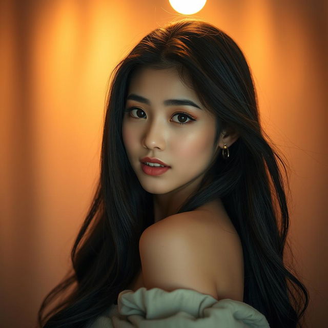 A sensual portrait of a beautiful Korean girl with striking features, alluring curves, and long flowing hair