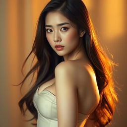 A sensual portrait of a beautiful Korean girl with striking features, alluring curves, and long flowing hair