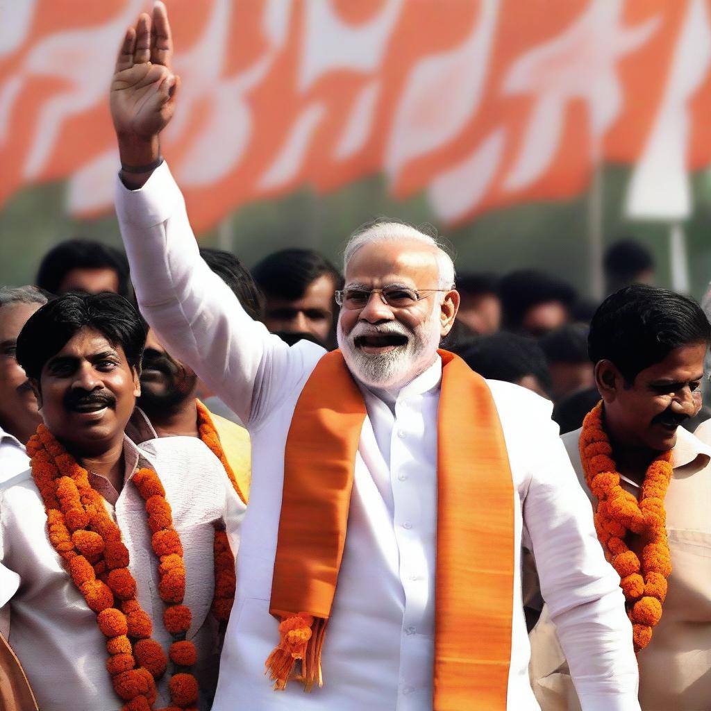 A jubilant Narendra Modi with a wide triumphant smile, celebrating his victorious moment after winning the elections, amidst a crowd of supporters