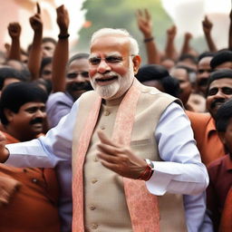 A jubilant Narendra Modi with a wide triumphant smile, celebrating his victorious moment after winning the elections, amidst a crowd of supporters