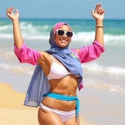 A confident woman wearing a hijab and a stylish bikini, embodying a blend of cultural and contemporary fashion
