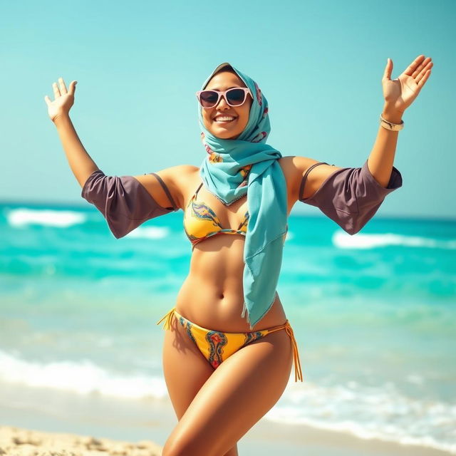 A confident woman wearing a hijab and a stylish bikini, embodying a blend of cultural and contemporary fashion