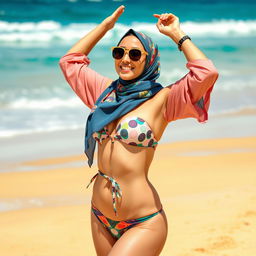 A confident woman wearing a hijab and a stylish bikini, embodying a blend of cultural and contemporary fashion