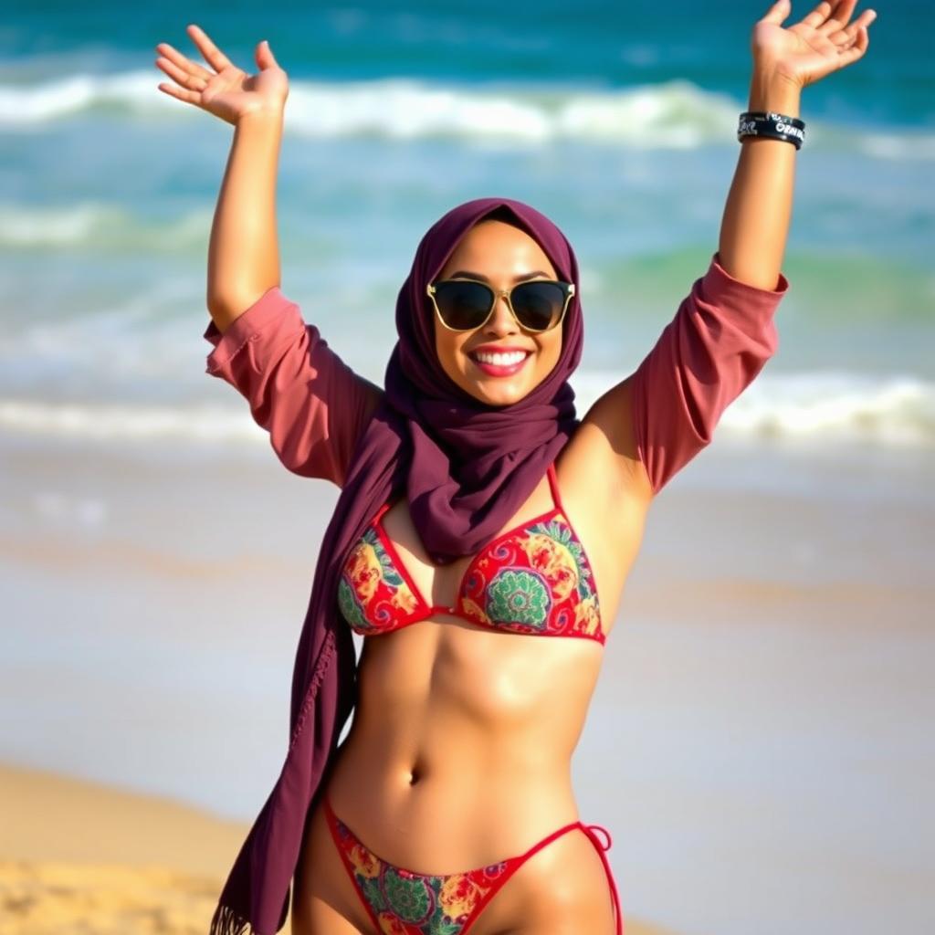 A confident woman wearing a hijab and a stylish bikini, embodying a blend of cultural and contemporary fashion