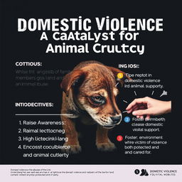 A visually impactful poster addressing domestic violence in relation to animal cruelty, featuring a central image of a distressed animal, symbolizing the connection between human and animal suffering