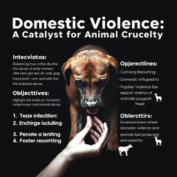 A visually impactful poster addressing domestic violence in relation to animal cruelty, featuring a central image of a distressed animal, symbolizing the connection between human and animal suffering